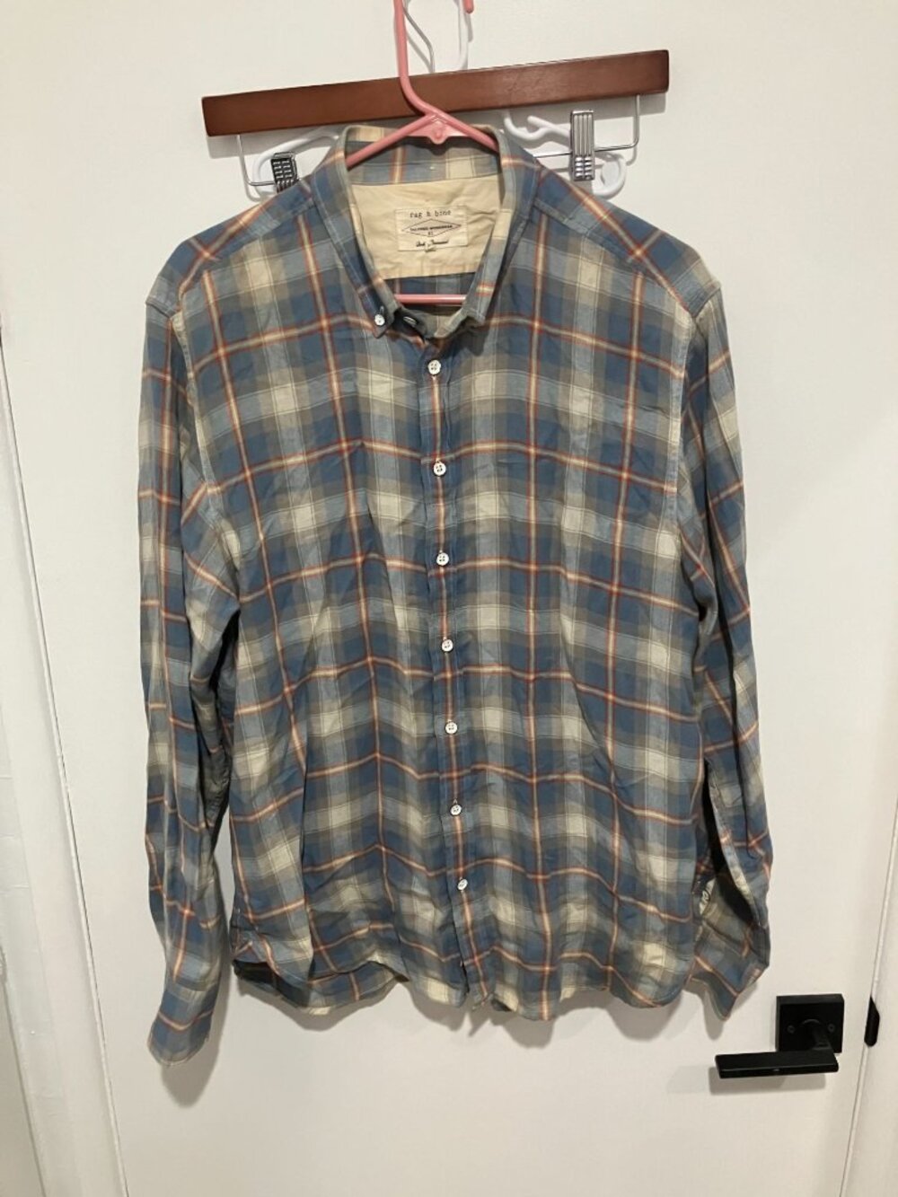 Rag & Bone Men's Plaid Flannel Button Down Shirt, Blue/Cream/Orange, Size XL